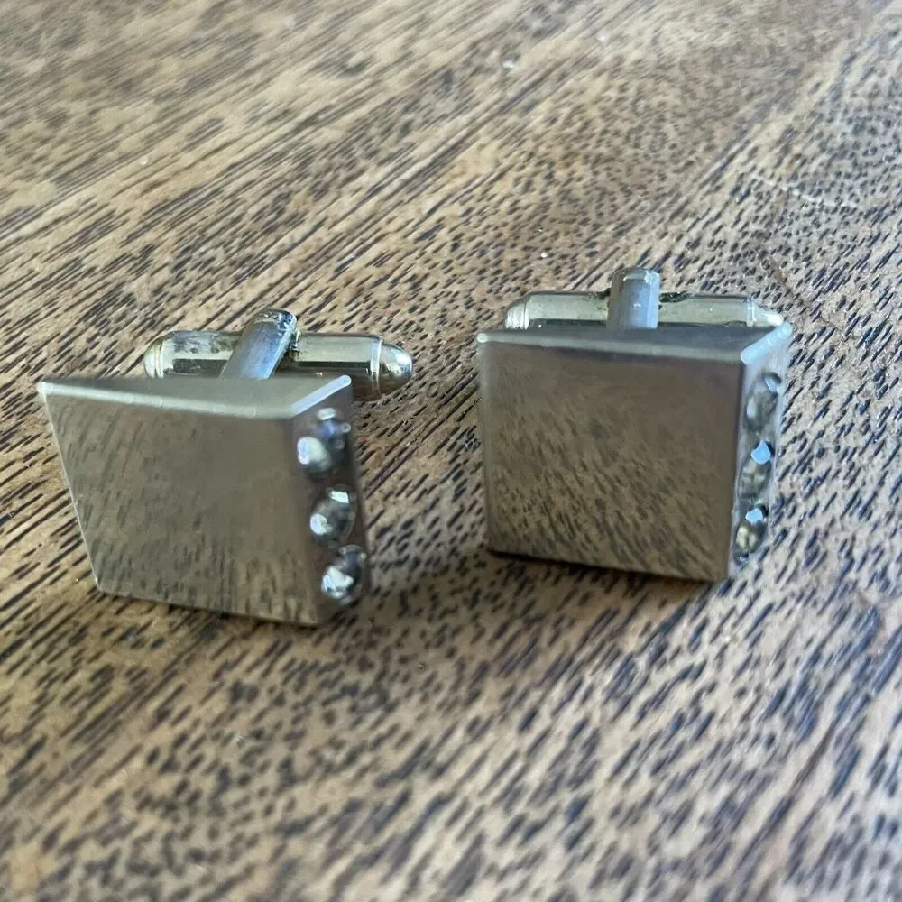 Men's Cuff Links Silver Tone Rhinestones Asymmetrical Square Vintage Retro Party